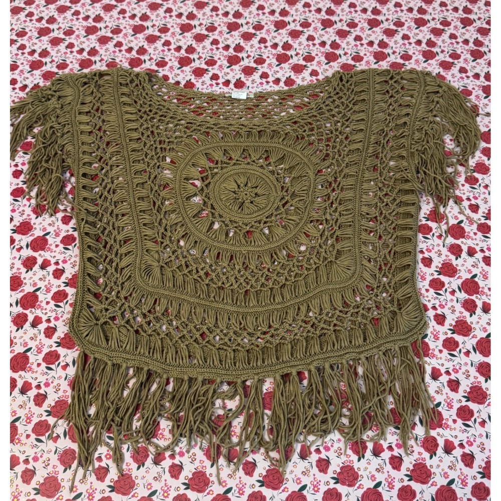 Vivid Collection of NY Olive Green Crochet Fringe Boho Festival Top S F3